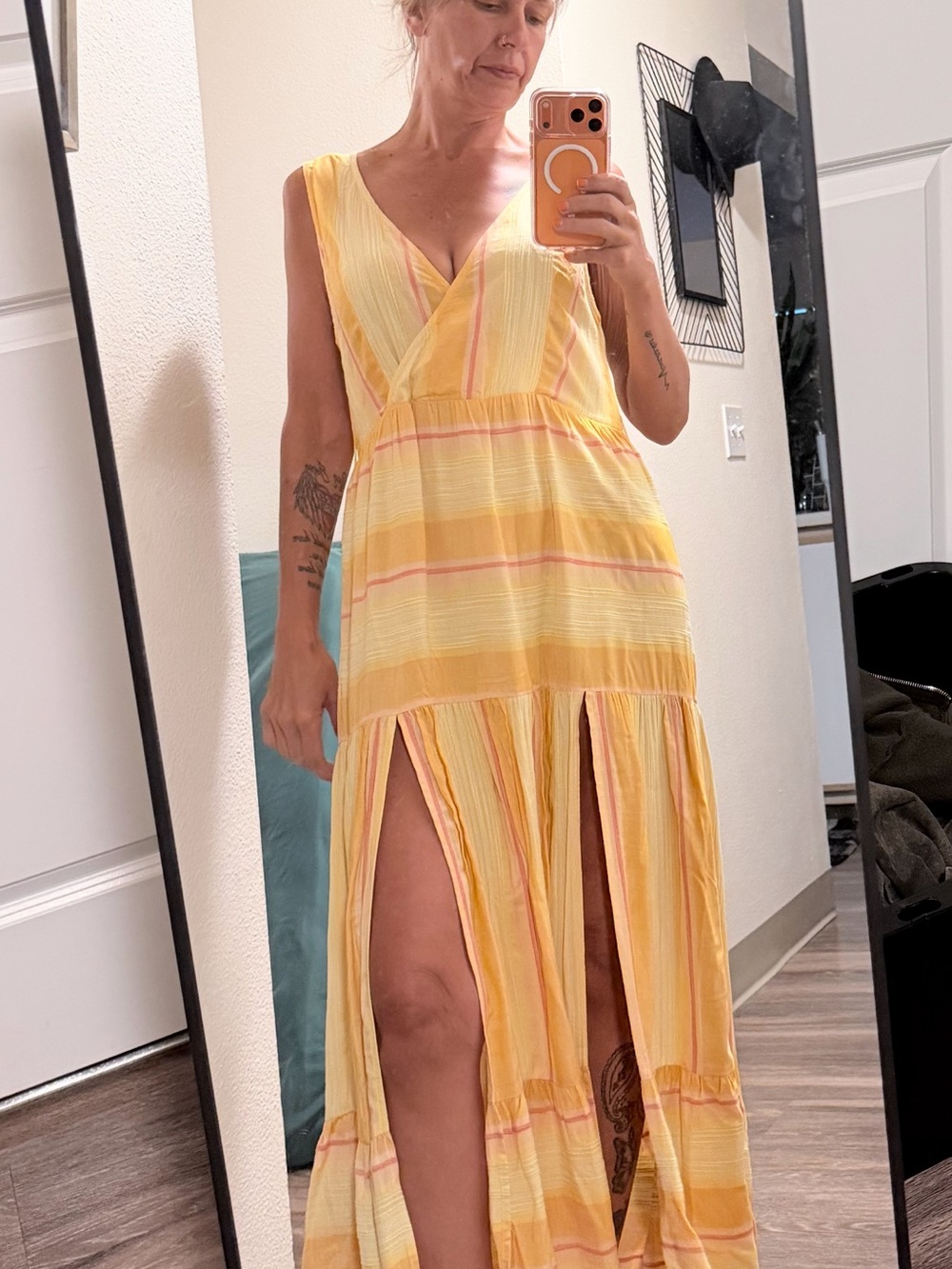 L*space Yellow Striped V-Neck Tiered Maxi Dress